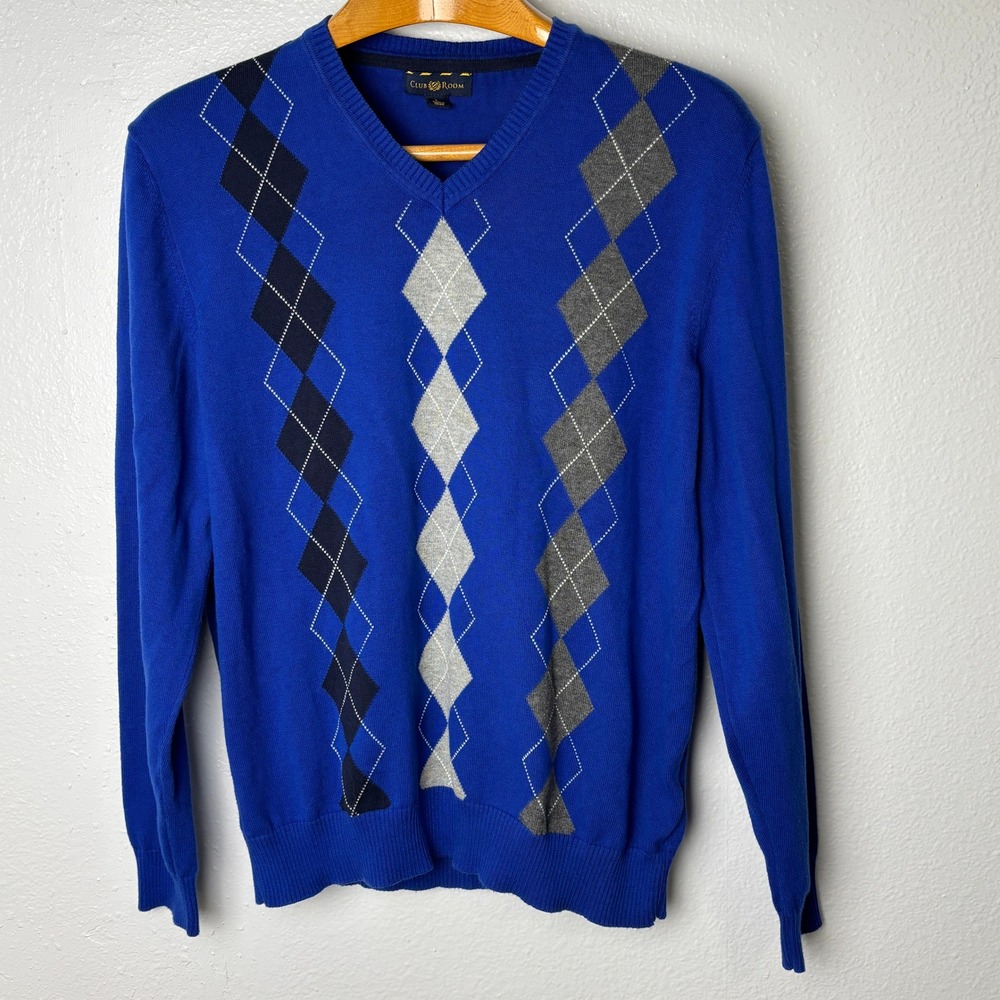 Club Room Men's Argyle Sweater Blue‎ V-Neck Cotton Pullover Size L